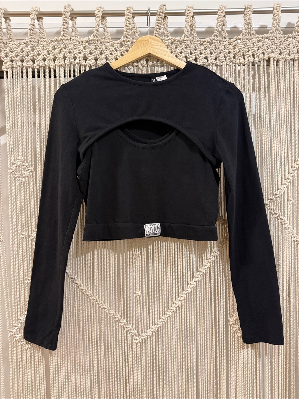 Divided Black Layered Long-Sleeve Cutout Crop Top
